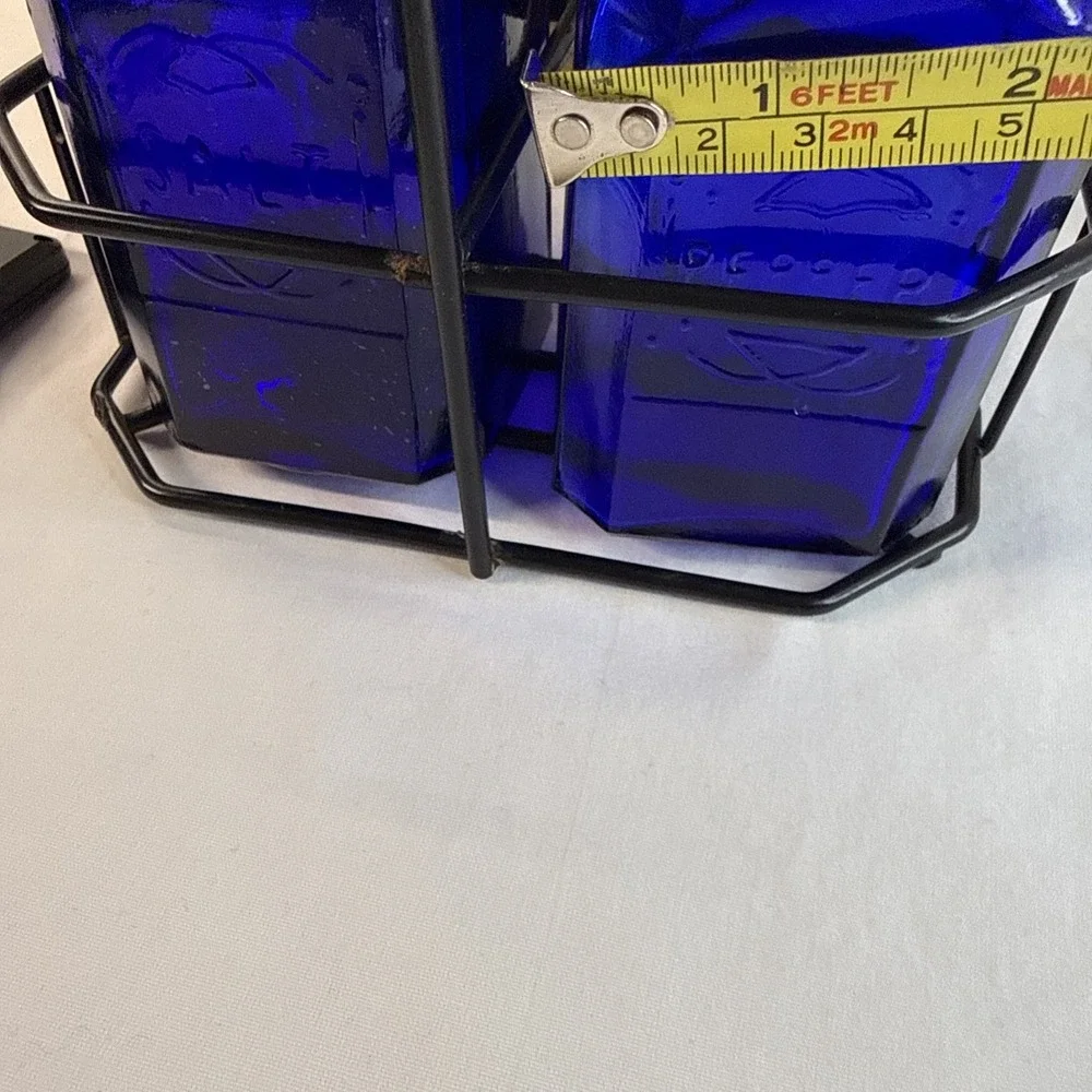 Vtg COBALT BLUE Glass Range SALT & PEPPER Square Shaker Set Art Deco w Holder
